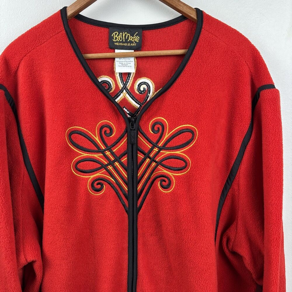 Bob Mackie Wearable Art Red Embroidered Black Zip Front Jacket 3X Fleece Pockets